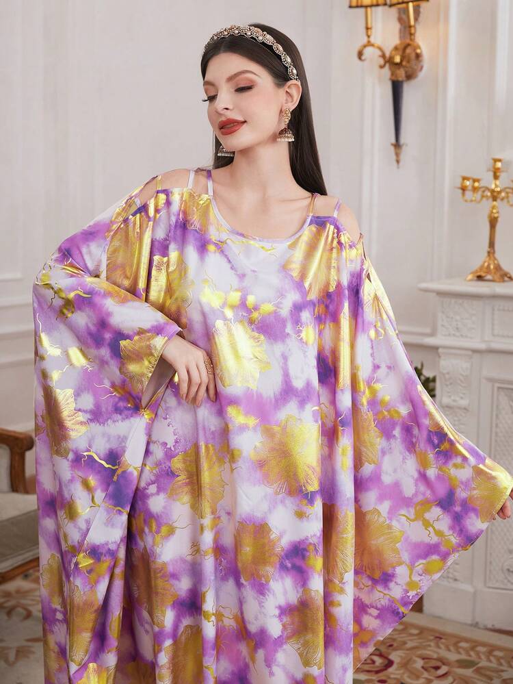 Women's Full Patterned Hollow Out Shoulder Batwing Sleeve Kaftan