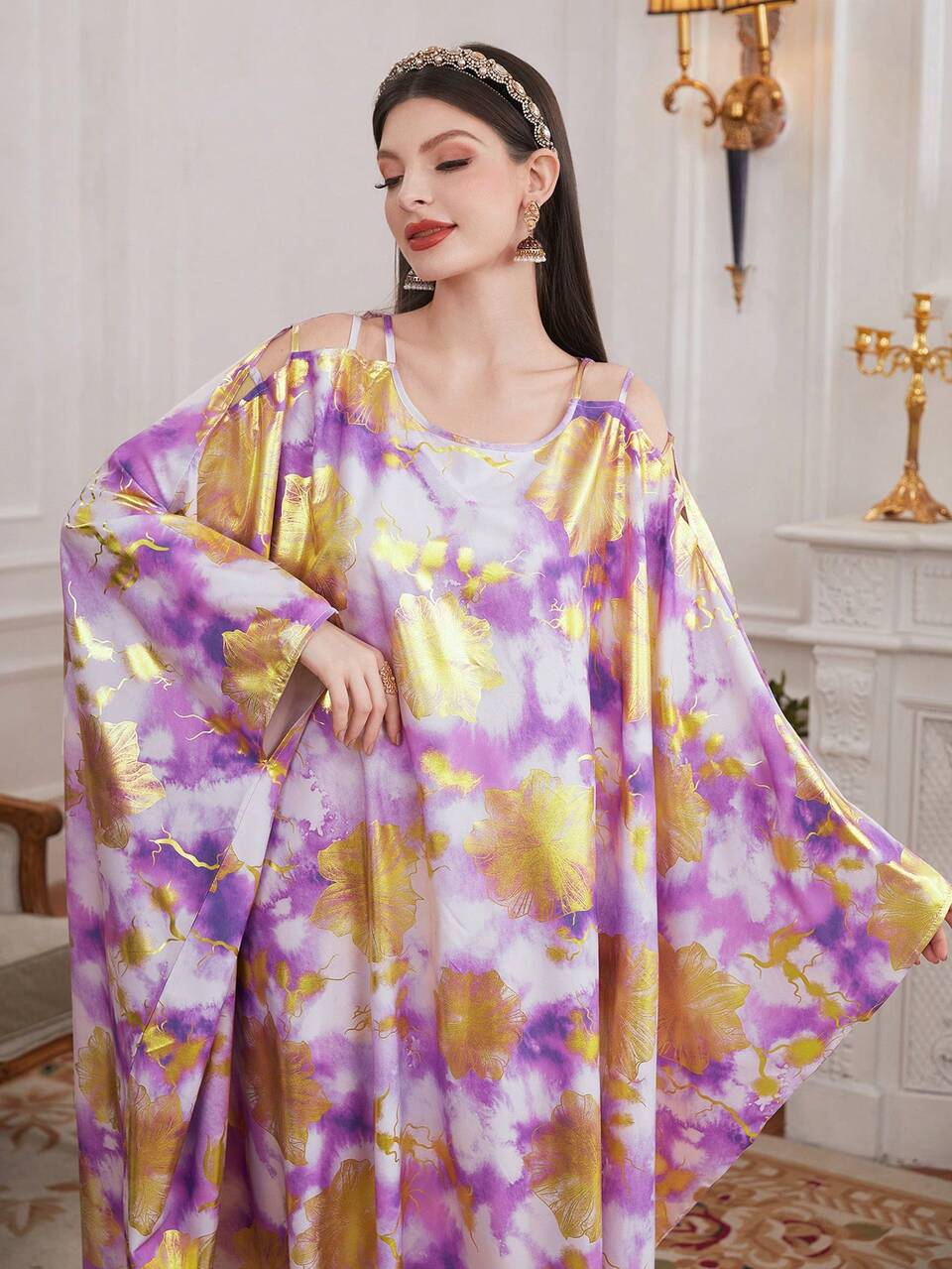 Women's Full Patterned Hollow Out Shoulder Batwing Sleeve Kaftan