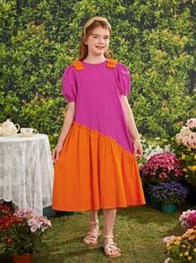 少女時髦彩色拼接鬆身休閒圓領針織裙