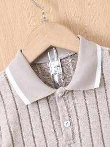 SHEIN Young Boys' Patchwork Decor Ribbed Knit Sweater And Shorts Set, School, Campus, College - Khaki - View 5