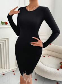 SHEIN Privé 女士情人節心形鑽石和流蘇細節貼身束縮連衣裙,適合約會和假期 - 黑色 - 查看 5