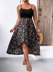 SHEIN LUNE Plus Size Floral Patchwork Wrap V-Neck Spaghetti Strap Dress Maxi Women Outfit