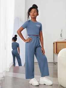 SHEIN 少女連身套裝：針織字母印花短袖上衣+寬鬆運動長褲套裝 - 霧霾藍 - 查看 5