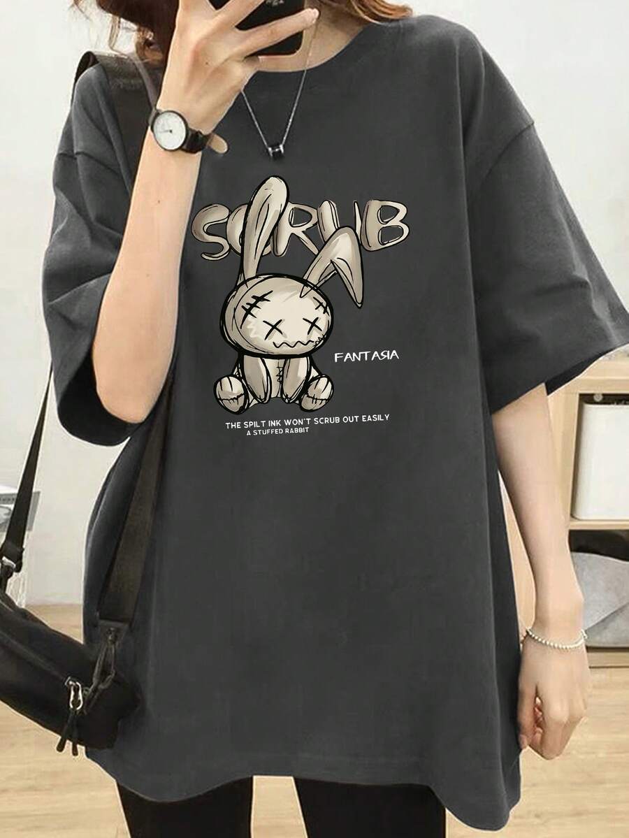 全新春夏女式独特设计兔子图案印花圆领休闲百搭青少年短袖 T 恤 - 深灰色 - 查看 1