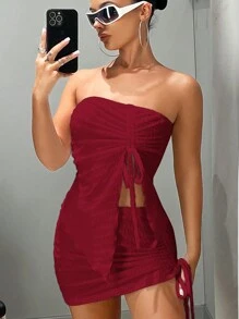 SHEIN ICON Màu thuần Dây rút Quần bó Bộ đồ - Đỏ - Xem 6