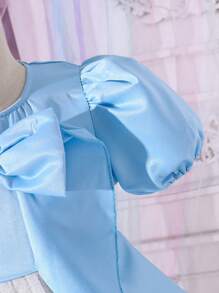 SHEIN Young Girl Blue & White Princess Style Puff Short Sleeve Dress With Foil Print And Mesh Overlay - Blue and White - View 4