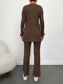 SHEIN Cottnline Women'S Solid Color Ribbed Knit 2pcs Set - Brown - View 2