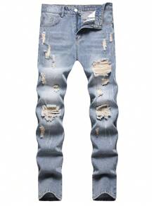Men's Distressed Slim Fit Denim Jeans - Blue - View 1