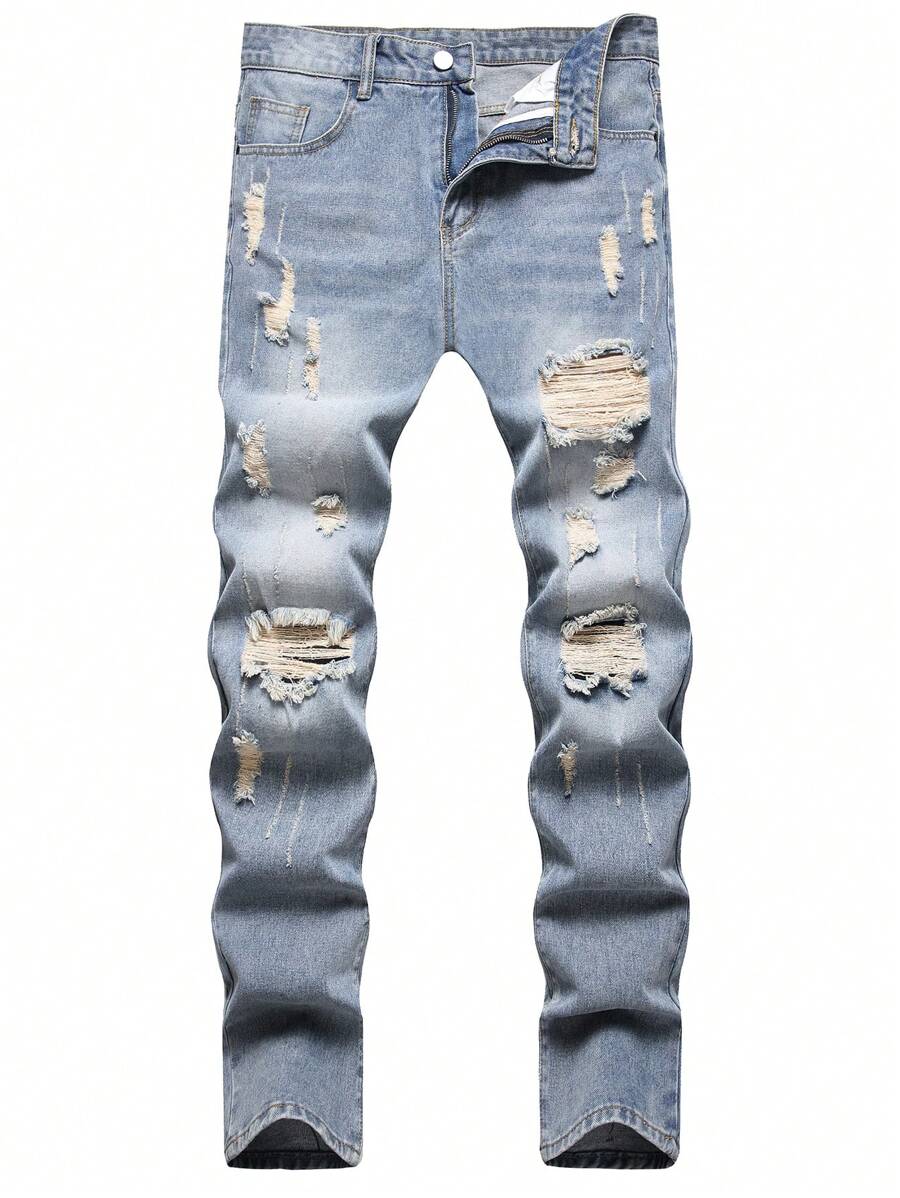 Men's Distressed Slim Fit Denim Jeans - Blue - View 1