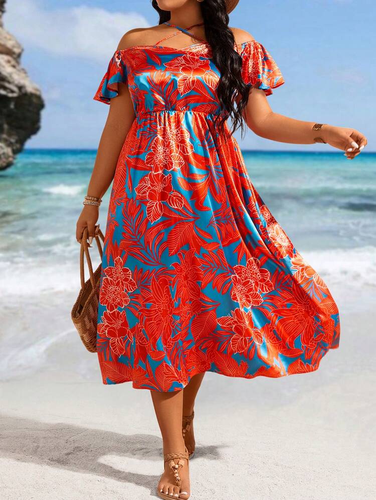 Plus Size Tropical Print Cross Halterneck Short Sleeve Flare Dress