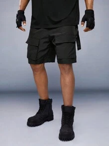 Manfinity VCAY Loose Men's Drawstring Waist Cargo Shorts With Flap Pocket And Tape Decoration - Black - View 4