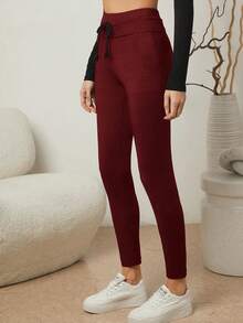 SHEIN Essnce 女式緊身束腰長褲 - 酒紅色 - 查看 3