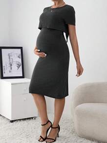 SHEIN Maternity Solid Nursing Tee & Cami Dress - Black - View 3