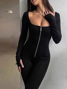 Women's Square Neck Zipper Front Long Sleeve Jumpsuit - Black - View 4