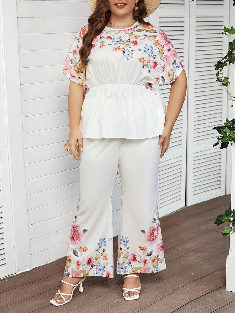 Plus Size Floral Print Two Pieces Set
