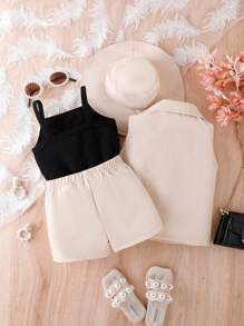 Baby Girl Spaghetti Strap Tank Top, Sleeveless Jacket And Shorts Set
