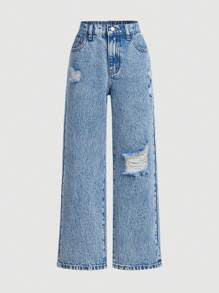 SHEIN Girlism Tween Girls' Washed Casual Fashionable Distressed Stretchy Waist Comfortable Denim Pants