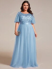 EVER-PRETTY Vestido de dama de honor con Body de malla con lentejuelas con diseño de hojas, vestido elegante