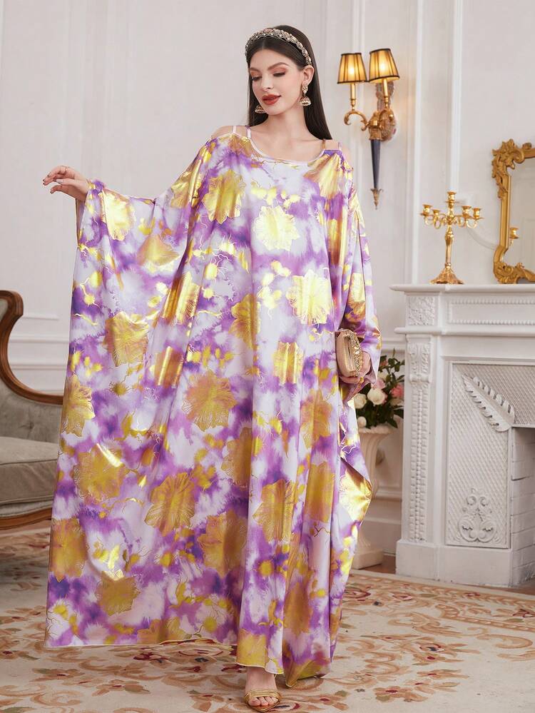 Women's Full Patterned Hollow Out Shoulder Batwing Sleeve Kaftan