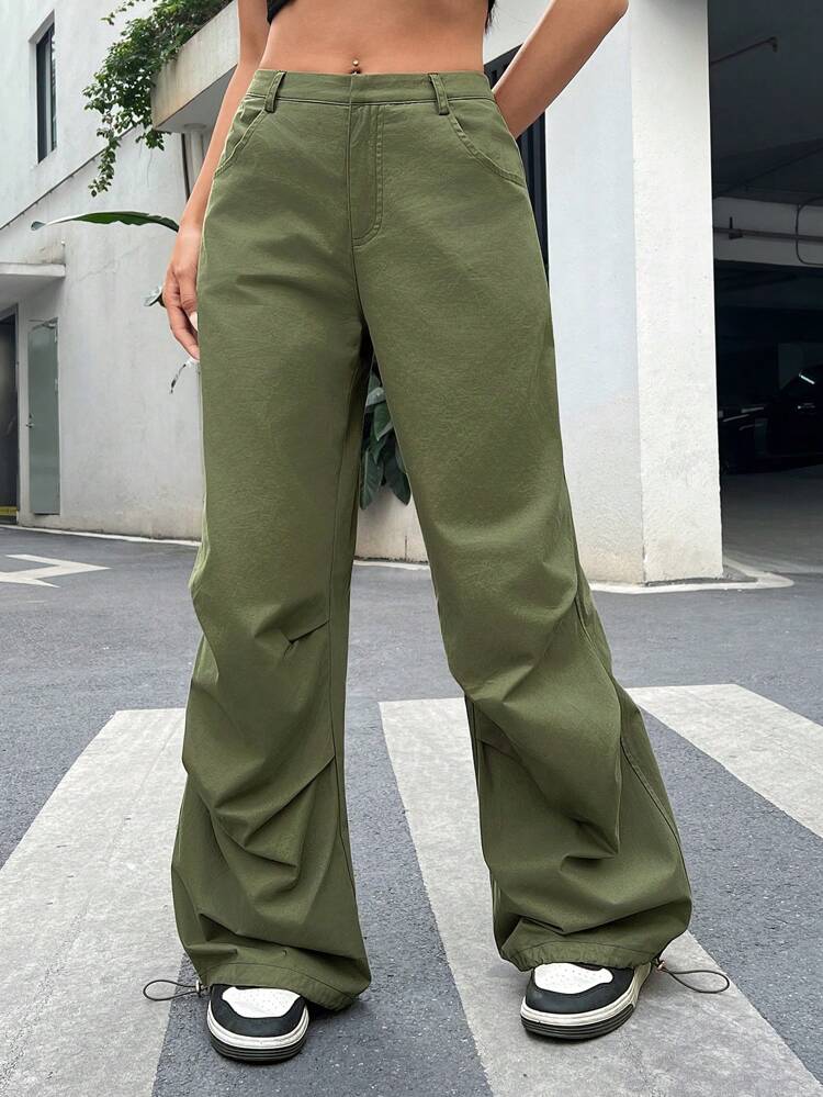 Green Woven Relaxed Wide-Leg Pants With Slanted Pockets