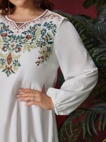 Al Najma Plus Size Floral Embroidery Lantern Sleeve Dress Fall Cloth For Women - White - View 4
