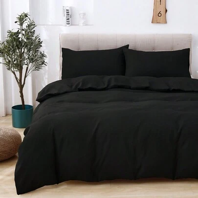 3pcs Black Super Soft, Four Seasons Solid Color Sanding Quilt Cover Pillowcase, Bedding, Soft Skin-Friendly Quilt Cover, Quilt Suit And Pillowcase, Excluding Quilt Core, Suitable For Double Full-Size Queen Bed, Suitable For All Seasons, Home Decoration, Bedding Gifts, Machine Washable,Twin Queen King