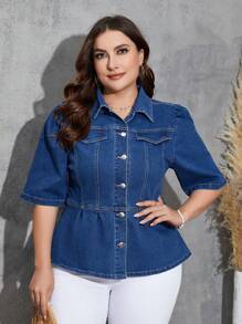 SHEIN LUNE Kích thước lớn Thon gọn Đàn hồi Ngắn tay Áo khoác denim - Màu xanh lam - Xem 4