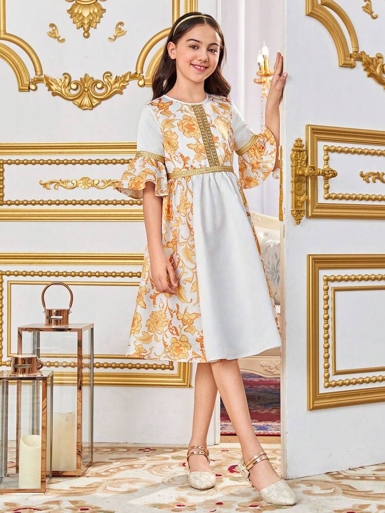 Tween Girls' Casual Round Neck Colorblock Patchwork Dress With Ruffle Hem And Weave Belt Decoration