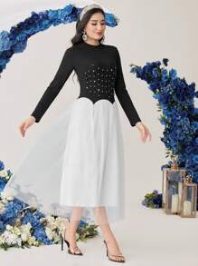 Modelyn Women's Color Block Dress With Stud Decoration Long Evening Dresses