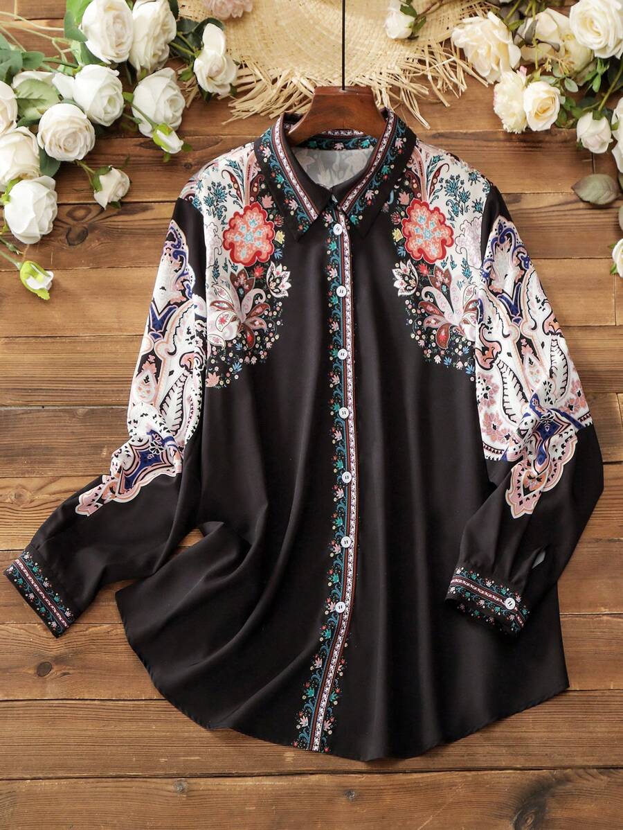 Lacomfia Plus Size Women's Floral Print Long Sleeve Shirt - Multicolor - View 1