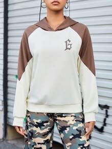 SHEIN Sports Damska bluza z kapturem z nadrukowanymi literami i kolorowym wzorem blokowym do sportu Bluza dla kobiet Bluzy damskie