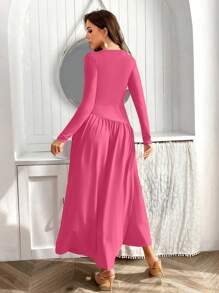 SHEIN Privé Ladies' Solid Color Round Neck Long Sleeve Dress - Hot Pink - View 2