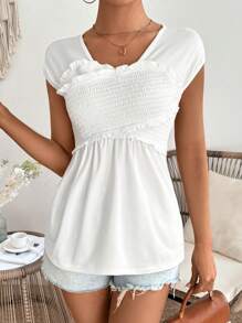 Chiquease Solid Color Round Neck T-Shirt With Shirred Frill Trim - White - View 6