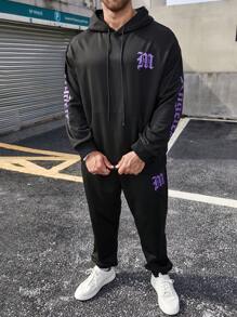 Manfinity Roughcore Men's Plus Size Letter Printed Hooded Sweatshirt And Pants Set - Black - View 1