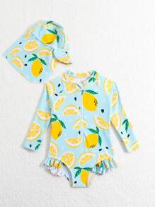 寶寶女孩檸檬印花一件式泳衣連帽子