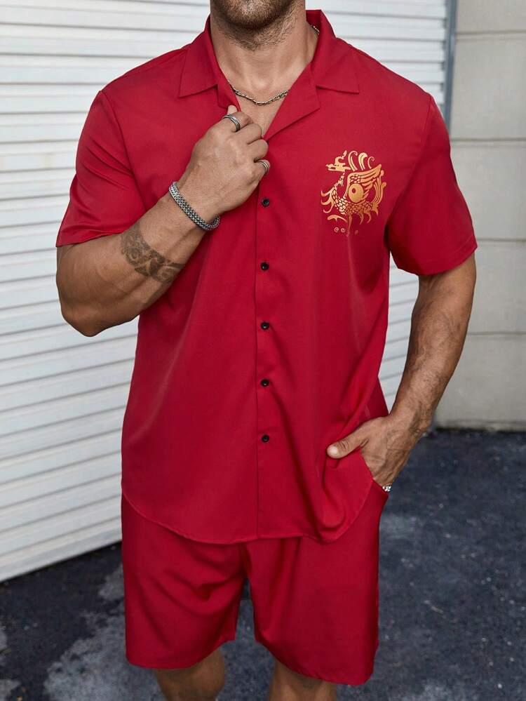 Plus Size Pattern Printed Button Front Shirt And Shorts Set