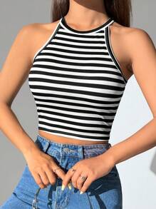 SHEIN PETITE Women's Striped Crop Halter Top - Black and White - View 7