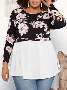 SHEIN CURVE+ 大尺碼女款花卉印花長袖上衣