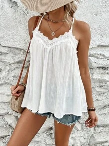 Breezaya Solid Color V-Neck Thin Strap Lace Patchwork Camisole