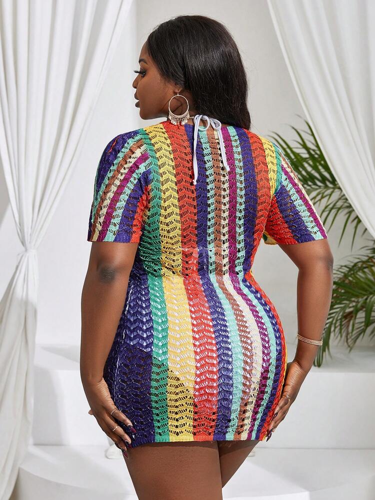 Plus Size Striped Hollow-Out Knit Slim-Fit Cover Up Summer