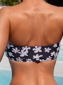 SHEIN Swim Summer Beach Women's Floral Printed Bandeau Bikini Set - Black and White - View 5