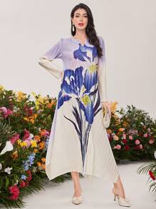 Mulvari Damen Gradient Blumen Muster Kleid Mit Kerb Kragen