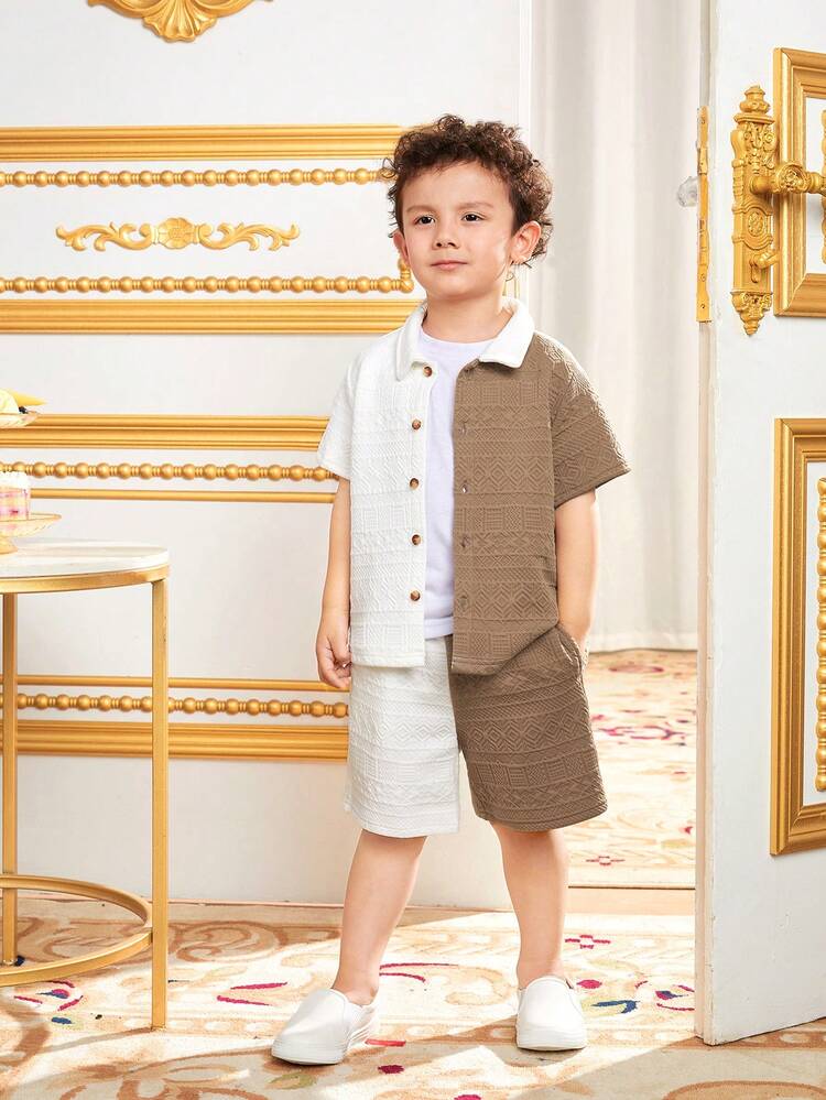 Young Boy's Texture Contrast Color Short Sleeve Shirt And Shorts Set, Cute And Combinable