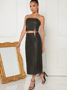 Hauture Zipped Leather Tube Top And Skirt Two Pieces Set - Black - View 7