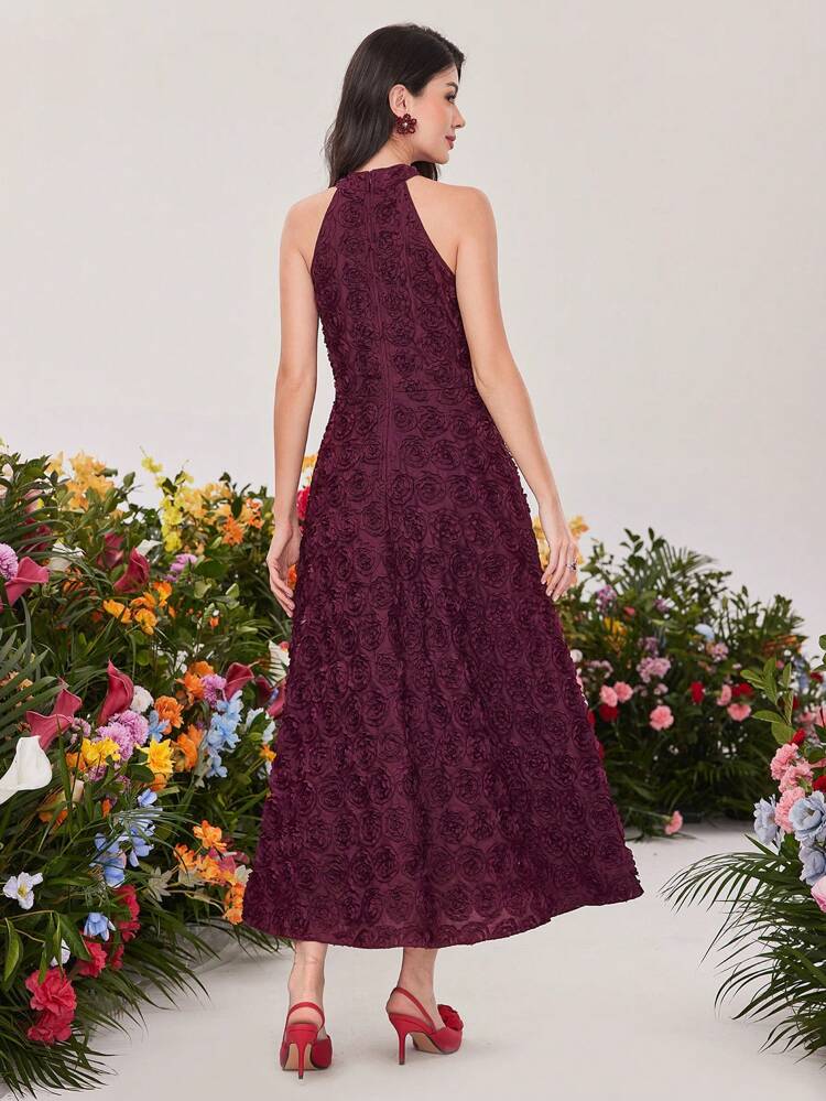 Burgundy Red Women's Sleeveless Halter Neck 3d Floral Dress Long Evening Dresses