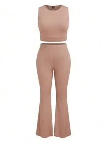Calvaya Bộ đồ dệt kim hai mảnh màu trơn cỡ lớn - Màu Khaki - Xem 1
