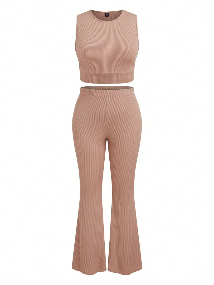 Calvaya Bộ đồ dệt kim hai mảnh màu trơn cỡ lớn - Màu Khaki - Xem 1