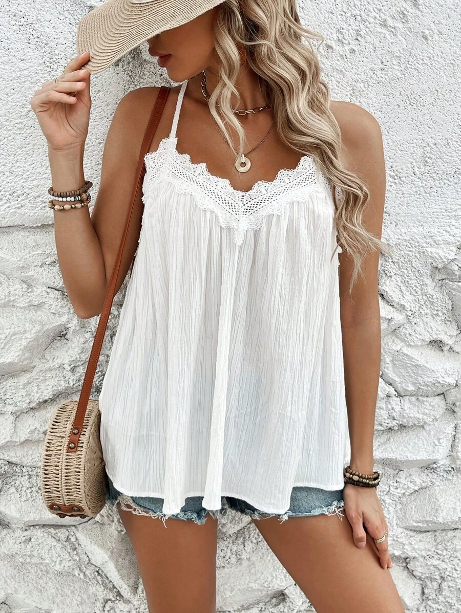 Breezaya Solid Color V-Neck Thin Strap Lace Patchwork Camisole