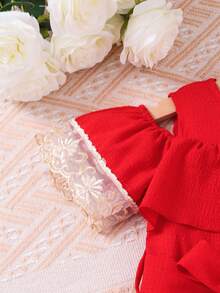 SHEIN Young Girls' Cold-Shoulder Red Dress With Ruffled Hemline - Red - View 7