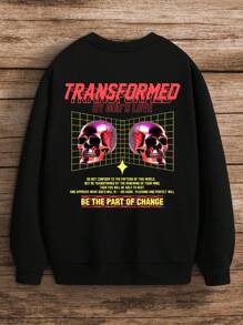 Men's Skull Pattern And Slogan Print Sweatshirt - Black - View 3